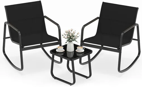 HAPPYGRILL Juego de 3 piezas de bistró para patio con mesa superior de vidrio, sillas mecedoras de bistró, juego de muebles de patio pequeños, juego