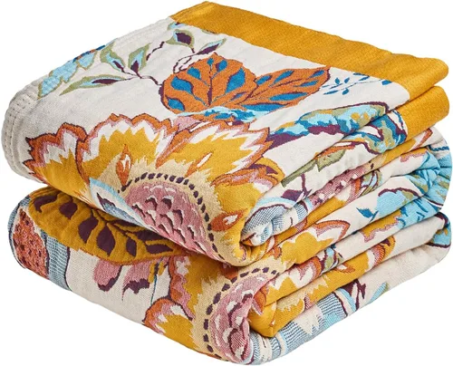 Miniatura 9 de Cobija para cama de estilo bohemio, 100 % algodón, ultra suave, edredón rústico, cobija de otoño, estampado floral, cobija grande rústica para sofá