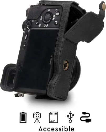 Miniatura 5 de MegaGear MG1641 Ever Ready - Media funda de cuero genuino para cámara compatible con Sony Alpha A6100, A6400 - Negro