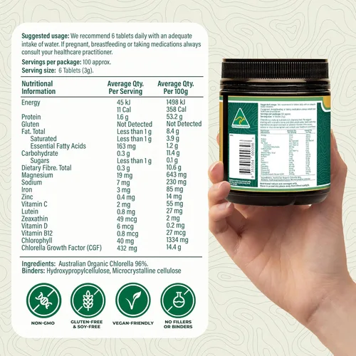 Miniatura 4 de Biogenesis Tabletas orgánicas de Chlorella – 600 unidades (500 mg) Cultivado en Australia Pared celular agrietada BioDynamic Rico
