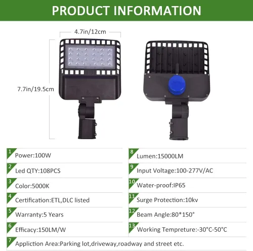Miniatura 6 de Luz de estacionamiento al aire libre de 100 W, luz de calle LED de 15,000 lúmenes, súper brillante, 5000 K, luz blanca diurna AC100-277V