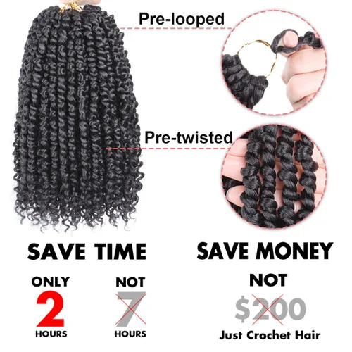 Miniatura 5 de Leeven 8 paquetes de 8 pulgadas, extensiones de cabello trenzado de ganchillo pretrenzado con rizos en los extremos, color negro natural
