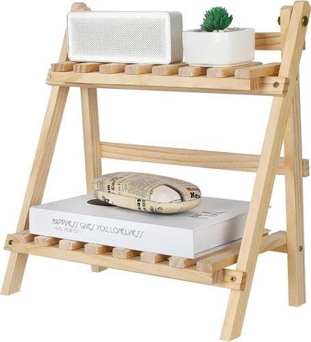 Miniatura 8 de Jotsport Soporte de mesa de 2 niveles para plantas, estilo escalón, organizador de almacenamiento de escritorio, estante de exhibición de madera