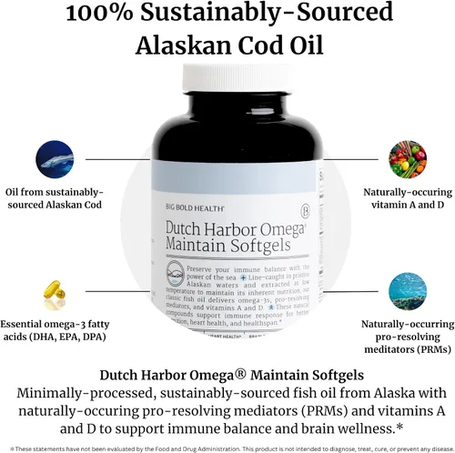 Miniatura 2 de BIG BOLD HEALTH Dutch Harbor Omega Maintain Cápsulas blandas – Aceite de hígado de bacalao de Alaska prémium (120 unidades) – Suplemento omega-3