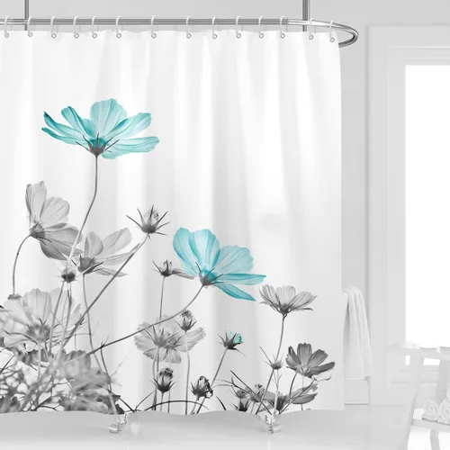 Miniatura 14 de Cortina de ducha de 72" x 72" con flores grises y rosas, gris y blanco, flores silvestres, margaritas, plantas, pintura de tinta, botánica