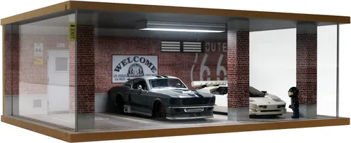 Miniatura 8 de Vitrina de garaje de coche fundido a presión a escala 1:24 con cubierta acrílica transparente e iluminación LED para 3 espacios de estacionamiento