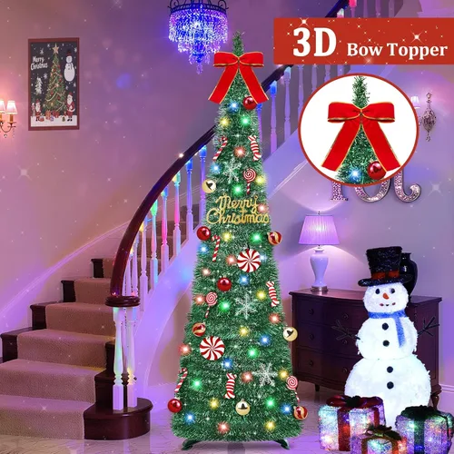 Miniatura 6 de [Temporizador] Árbol de Navidad desplegable de 6 pies, árbol de Navidad plegable verde con 50 luces coloridas, 16 caramelos, 10 bolas, 4 copos