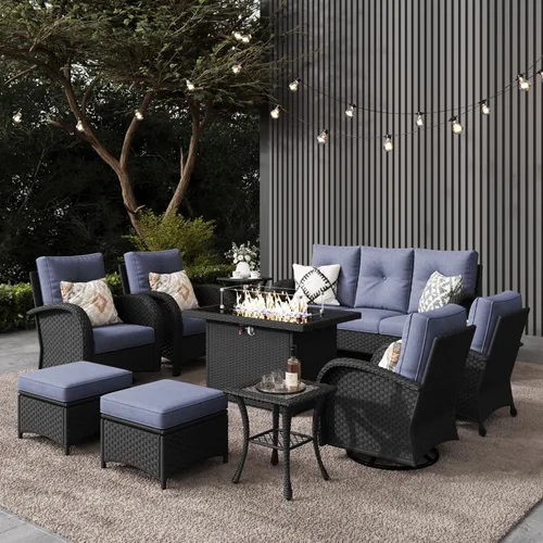 Miniatura 29 de LayinSun - Juego de 10 piezas de muebles seccionales de patio para el aire libre con mesa para fogata, juegos de sillas giratorias reclinables