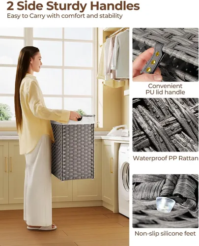 Miniatura 4 de Greenstell Cesta para la ropa sucia con 2 bolsas de forro extraíbles – Cesta de ropa dividida de 90 L, cesta de lavandería plegable de ratán Gris