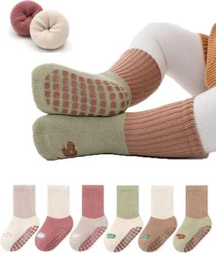 Calcetines antideslizantes para bebé, calcetines cálidos y gruesos antideslizantes para niñas, niños y recién nacidos, 6 pares