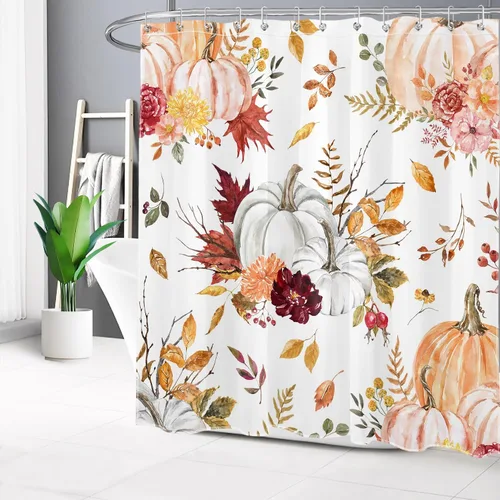 Miniatura 3 de Cortina de ducha de otoño para baño, cortina de ducha floral de calabaza rosa y naranja con hojas de arce sobre blanco con ganchos, cortinas de baño