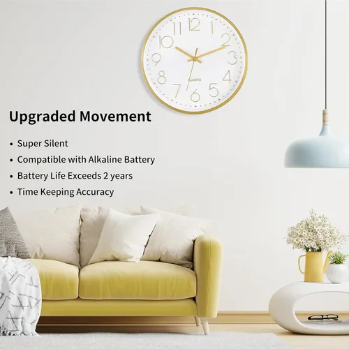 Miniatura 3 de Reloj de pared Foxtop dorado de 12 pulgadas, silencioso, sin tictac, funciona con pilas, redondo, de cuarzo, moderno, para oficina, sala de estar