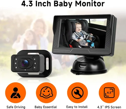 Miniatura 2 de VECHTEL Cámara de coche para bebé HD con orientación trasera para bebé con monitor de 4.3 pulgadas, visión nocturna IR, gran angular, fácil
