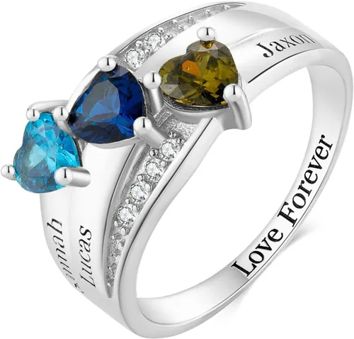Miniatura 3 de Anillos de piedra natal personalizados para madre, oro real de 10 quilates, 14 quilates, 18 quilates, con nombre personalizado con piedra natal de 2