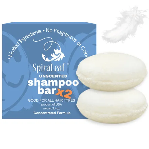Spiraleaf 2 barras de champú sólidas – Barras de champú sin aroma, todo tipo de cabello, aceites nutritivos ricos, sin fragancia, sin colorantes,