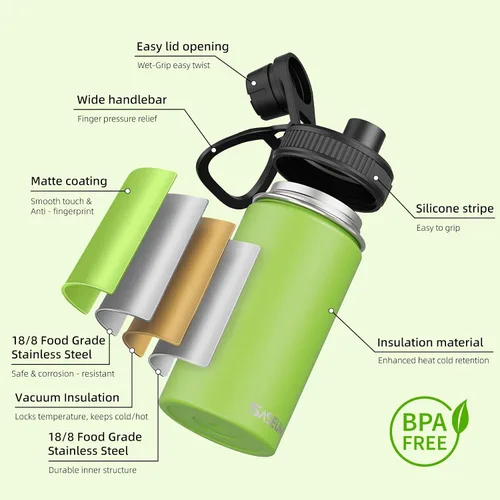Miniatura 3 de SASEUM Botella de agua de acero inoxidable de 12 onzas, botella aislada sin BPA con tapa de boquilla a prueba de fugas, botella de metal de boca