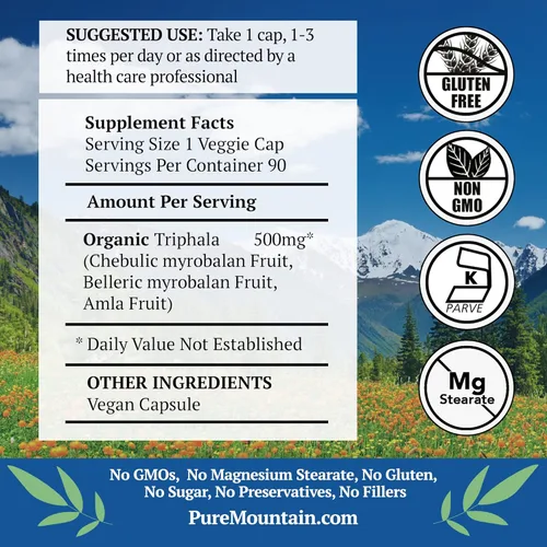 Miniatura 2 de Pure Mountain Botanicals Triphala Cápsulas 90 cápsulas veganas kosher ahora con 500 mg mezcla orgánica de fruta india Amla