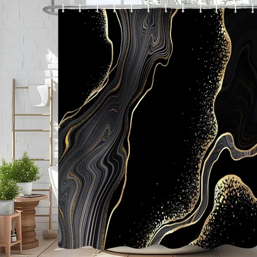 Miniatura 28 de Cortina de ducha abstracta de mármol negro gris y dorado con grietas, cortina de baño moderna ombre impresa, cortina impermeable y lavable de tela