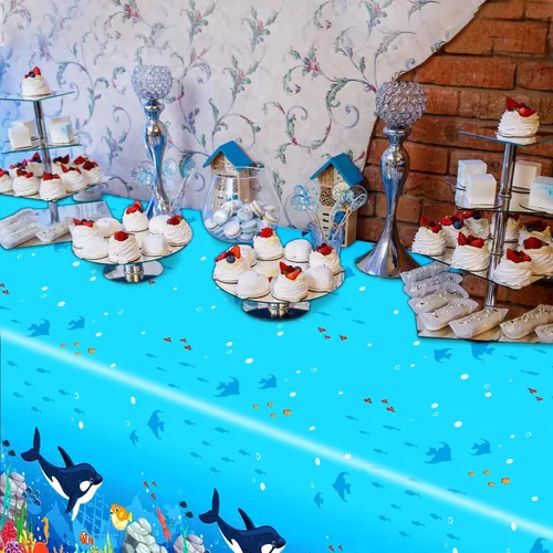 Miniatura 7 de Juego de 3 manteles de plástico con diseño de tiburón y animales bajo el mar, 106 x 54 pulgadas, diseño de ondas oceánicas para baby shower, playa