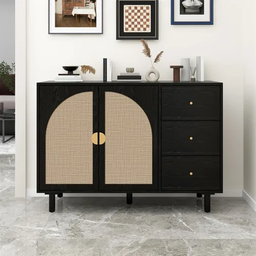 Miniatura 10 de ZeHuoGe Aparador de buffet con ratán, aparador de almacenamiento de cocina con puertas decoradas de ratán, bufé de café con licor, comedor, pasillo