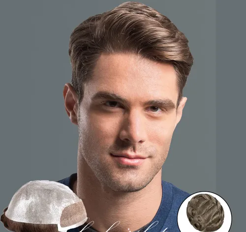 Amiable toupee para hombres piel fina suave PU con encaje frontal de 1.5 pulgadas 8 x 10 pulgadas, 0.002 in, cabello humano virgen europeo, piezas #7
