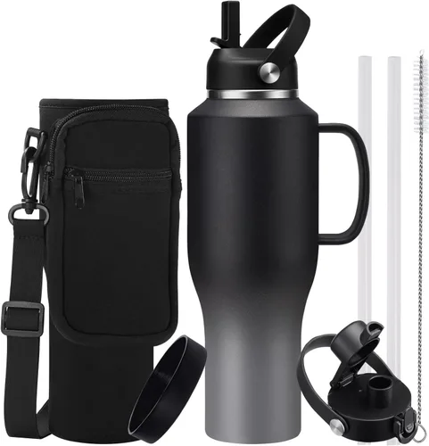 Miniatura 22 de Botella de agua de acero inoxidable de 32 onzas, frío-48 horas y caliente-24 horas, termo con popote y tapas de boquilla, bolsa, botella aislada al