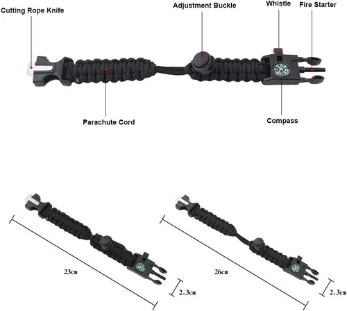 Miniatura 3 de MansWill Pulsera de supervivencia ajustable 5 en 1, nuevo kit de pulsera deportiva de emergencia de 7 núcleos, brújula impermeable, silbato