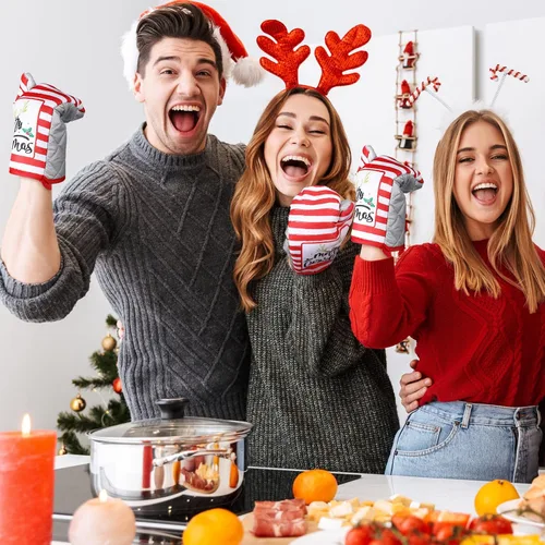 Miniatura 4 de Bencailor Juego de 6 Piezas Toallas de Cocina Navideñas Manoplas de Horno y Soportes para Ollas Tema Navideño Toallas de Platos Guantes de Horno