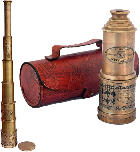 Telescopio de latón antiguo 1915 Londres latón marítimo vintage náutico spyglass montado pirata con caja de cuero, decoración náutica monocular para