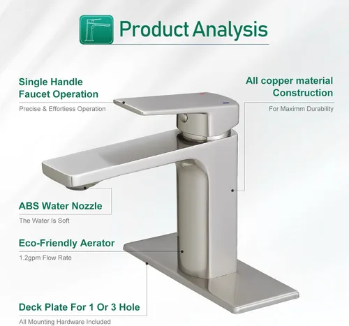 Miniatura 5 de VOTON Grifo de baño de níquel cepillado de una sola manija, grifo de baño de 1 o 3 agujeros, grifo de lavabo de baño con placa de cubierta, grifo