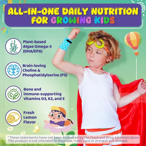 Miniatura 3 de Omega-3 para niños mayores de 4 años, gomitas Focus DHA Plus EPA de algas, vitamina D3 K2, colina y PS para hueso, salud cognitiva e inmunológica