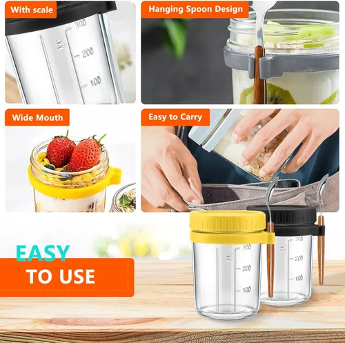 Miniatura 4 de Recipientes de avena con tapas y cuchara, juego de 2 frascos herméticos de 12 onzas con marcas de medición, vasos reutilizables para yogur de Blanco