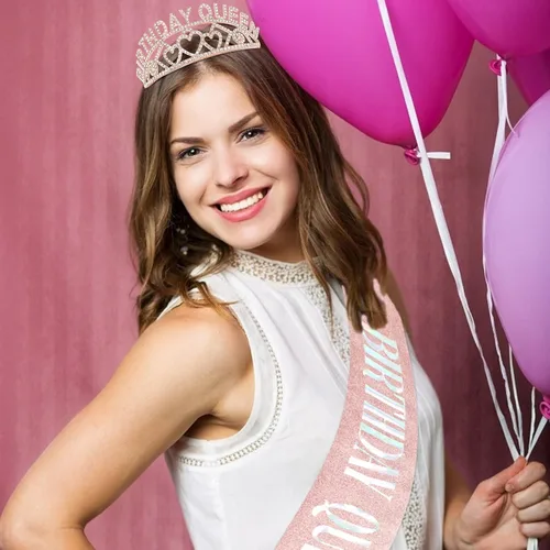Miniatura 2 de CIEHER Kit de banda y tiara de diamantes de imitación para cumpleaños, corona de oro rosa con peines para mujer, elegante tiara de princesa