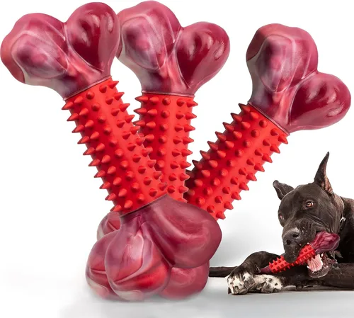 Miniatura 14 de Juguetes resistentes para perros masticadores agresivos de raza grande, hueso para masticar con sabor a tocino, juguete masticable de nailon y goma