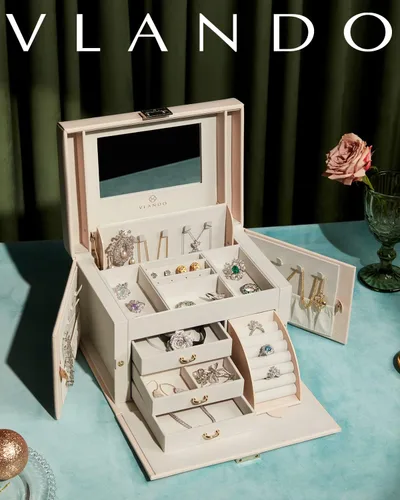 Miniatura 8 de Vlando Joyero organizador para niñas y mujeres, caja de almacenamiento de joyería barroca grande con espejo, cajones para pulseras, aretes, anillos