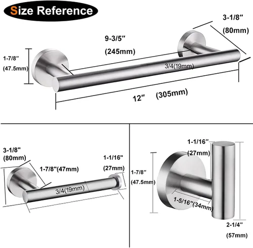Miniatura 7 de Nolimas Juego de 3 piezas de accesorios de baño de acero inoxidable SUS304 de níquel cepillado para montar en la pared, incluye barra de toalla de 3