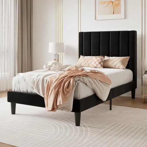 Miniatura 3 de SHA CERLIN Marco de cama individual con plataforma tapizada de terciopelo con cabecero, soporte de listones de madera resistente, base de colchón