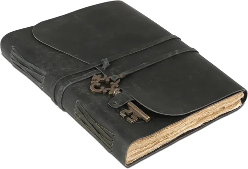 Miniatura 30 de Diario de cuero con papel de borde picoteado de 17,78x12,7 cm y llave vintage Cuaderno de escritura hecho a mano Cuaderno diario encuadernado