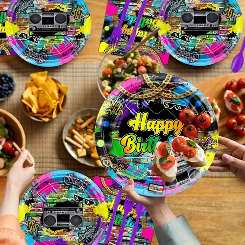 Miniatura 6 de Decoraciones de cumpleaños de los años 80, 280 piezas, globos de fondo de regreso a los años 80 y 90, platos de hip hop, servilletas, tazas