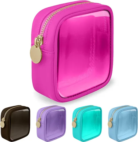 izuzta Bolsa de Maquillaje Pequeña de Nylon, Linda Bolso Preppy, Bolsa de Cosméticos con Cremallera, Rosa fuerte, Mini 2-Rosa fuerte