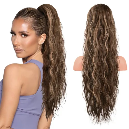 Miniatura 14 de FLUFYMOOZ Extensión de Cola de Caballo, Extensiones de Cabello de Cola de Caballo con Cordón de 26 Pulgadas para Mujeres, Postizo de Cabello
