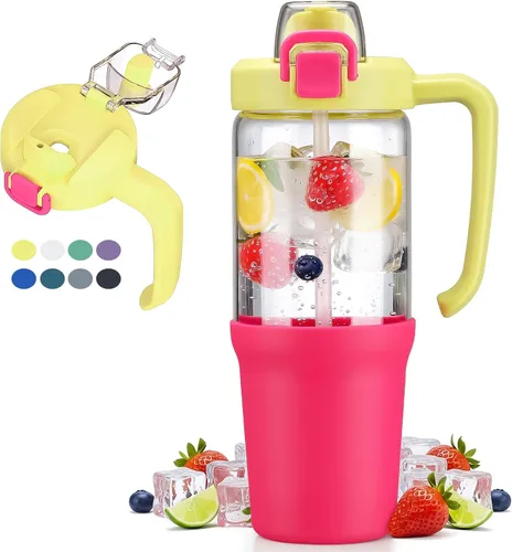 Miniatura 20 de Vaso de vidrio con asa de transporte, botella de agua de vidrio transparente con tapa a prueba de fugas, tapa de boquilla y popote, sin BPA, 32