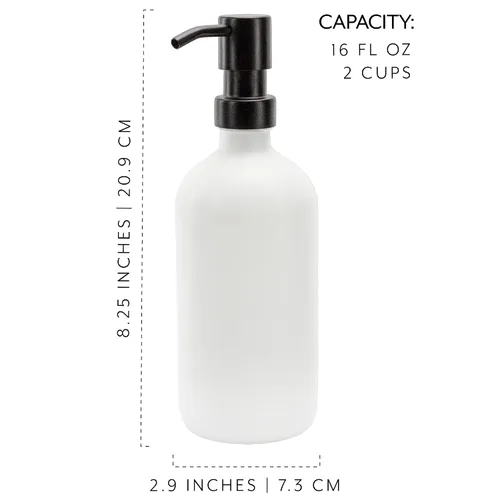 Miniatura 6 de Darware Botellas de bomba de vidrio de 16 onzas (juego de 2, blanco con negro); botellas dispensadoras de jabón con tapas de bomba de metal cepillado