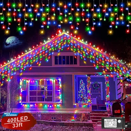 Miniatura 19 de Luces de carámbano para exteriores, 16.5 pies, 200 luces LED de Navidad para exteriores, impermeables, 8 modos de enchufe, cortina de luz conectable