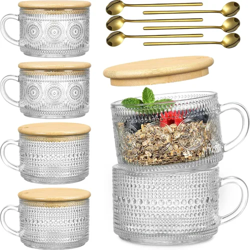 Miniatura 9 de Juego de 4 tazas de café vintage, regalos para mujeres, recipientes de avena durante la noche con tapas y cucharas de bambú, tazas de vidrio