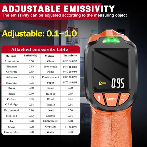 Miniatura 6 de Pistola de Termómetro Infrarrojo, Pistola de Temperatura Digital Láser sin Contacto, -58 °F a 1076 °F, Emisividad Ajustable y Valores Máx/Mín