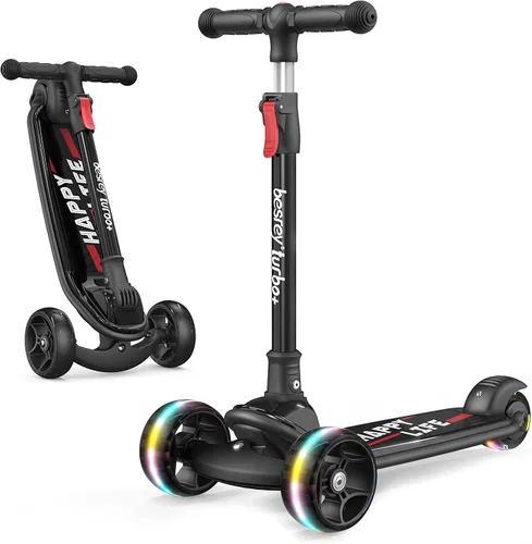 Besrey - Patinete para niños de 3 a 10 años, patinete plegable de 3 ruedas con altura ajustable, ruedas con luz LED, plataforma extra ancha para