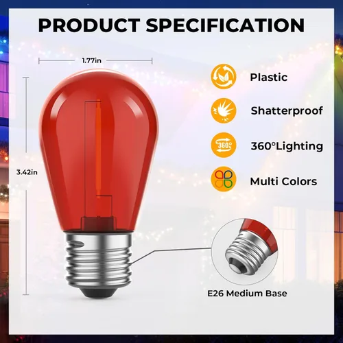 Miniatura 6 de GvvooHome Paquete de 24 Bombillas LED S14 de Colores para Luces de Cadena Exteriores, Bombillas de Repuesto Irrompibles de 1W para Luces de Patio