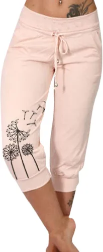 Miniatura 16 de Pantalones capri para mujer, estampado de diente de león, pantalones capri con cordón de cintura alta, elásticos, pantalones cortos de verano