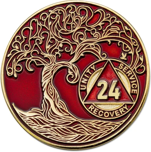 Miniatura 145 de 20 Year Sobriety Mint Twisted Tree of Life - Medallón de recuperación AA chapado en oro, fichas y fichas, color negro